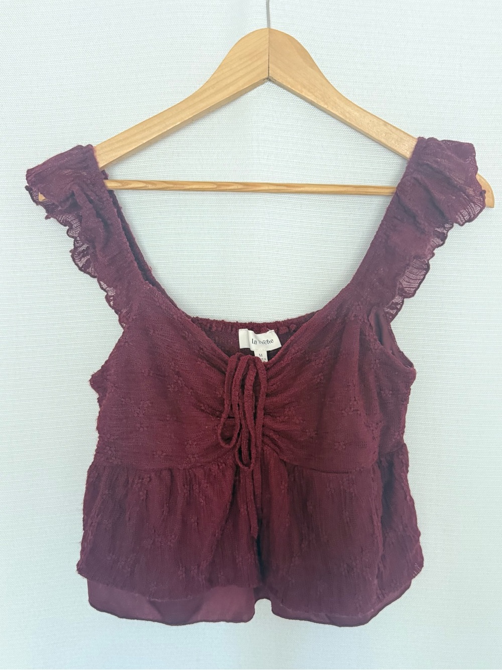 La Peche Burgundy Wine Textured Lace Cinched Bust Ruffle Camisole Top M